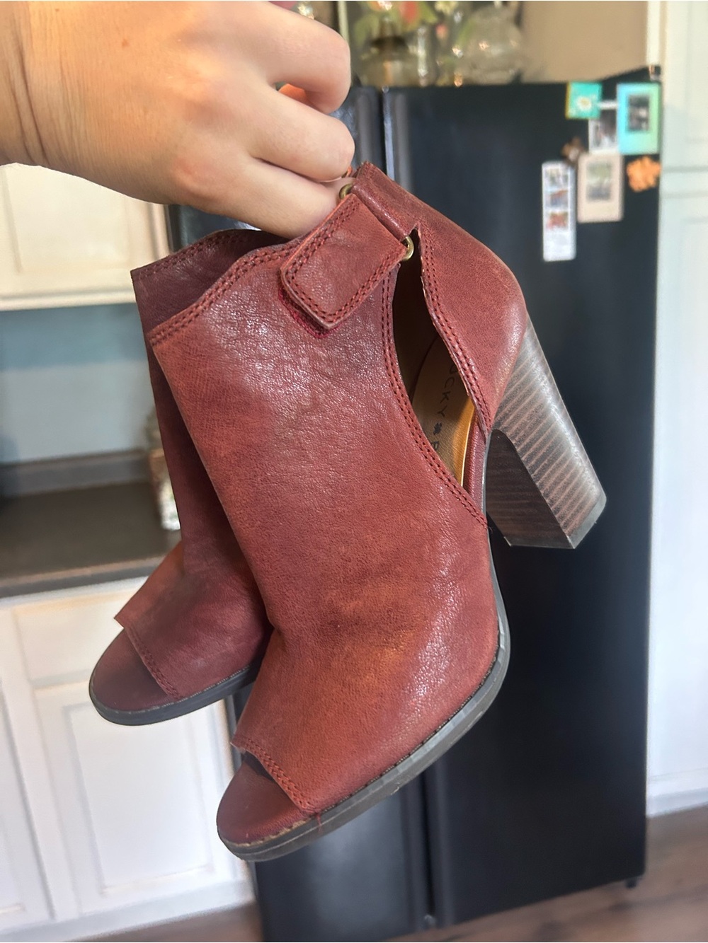 Lucky Brand Rust Red Open-Toe Ankle Booties with Stacked Heel